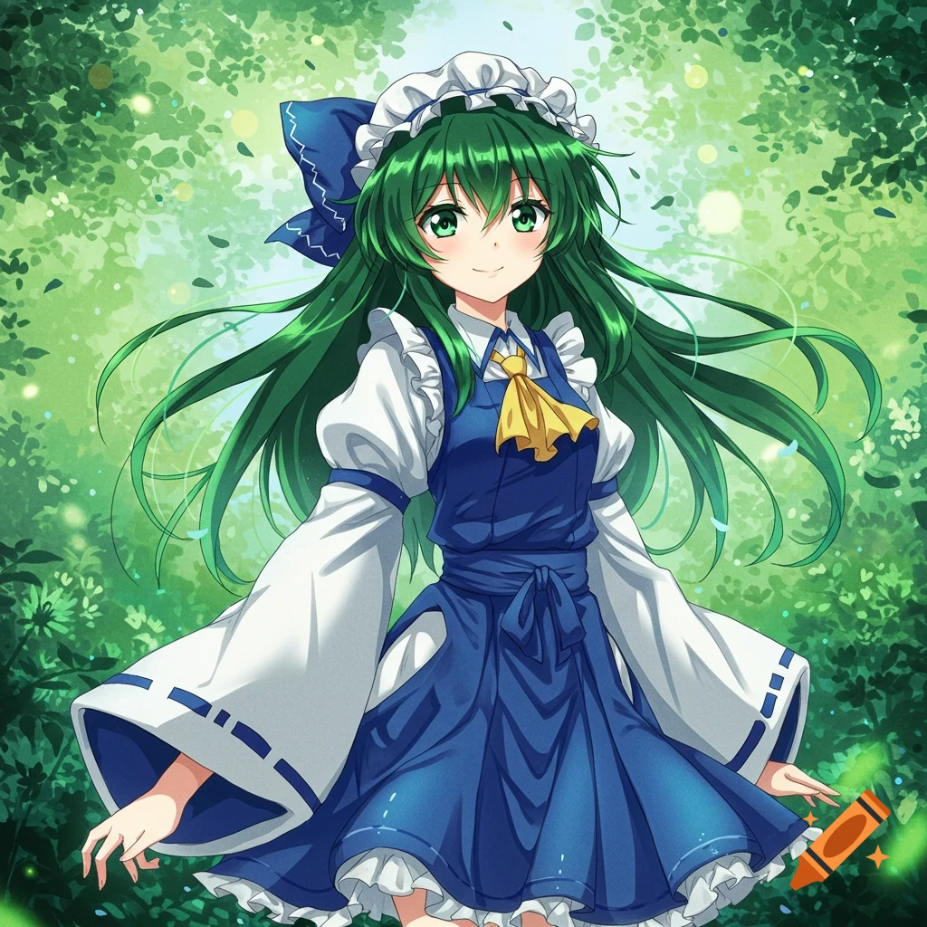 Anime illustration of Sanae Kochiya with long green hair, wearing a blue and white maid-like dress in a vibrant green forest.