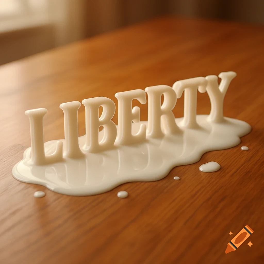 The word LIBERTY formed by spilled white liquid on a wooden table.