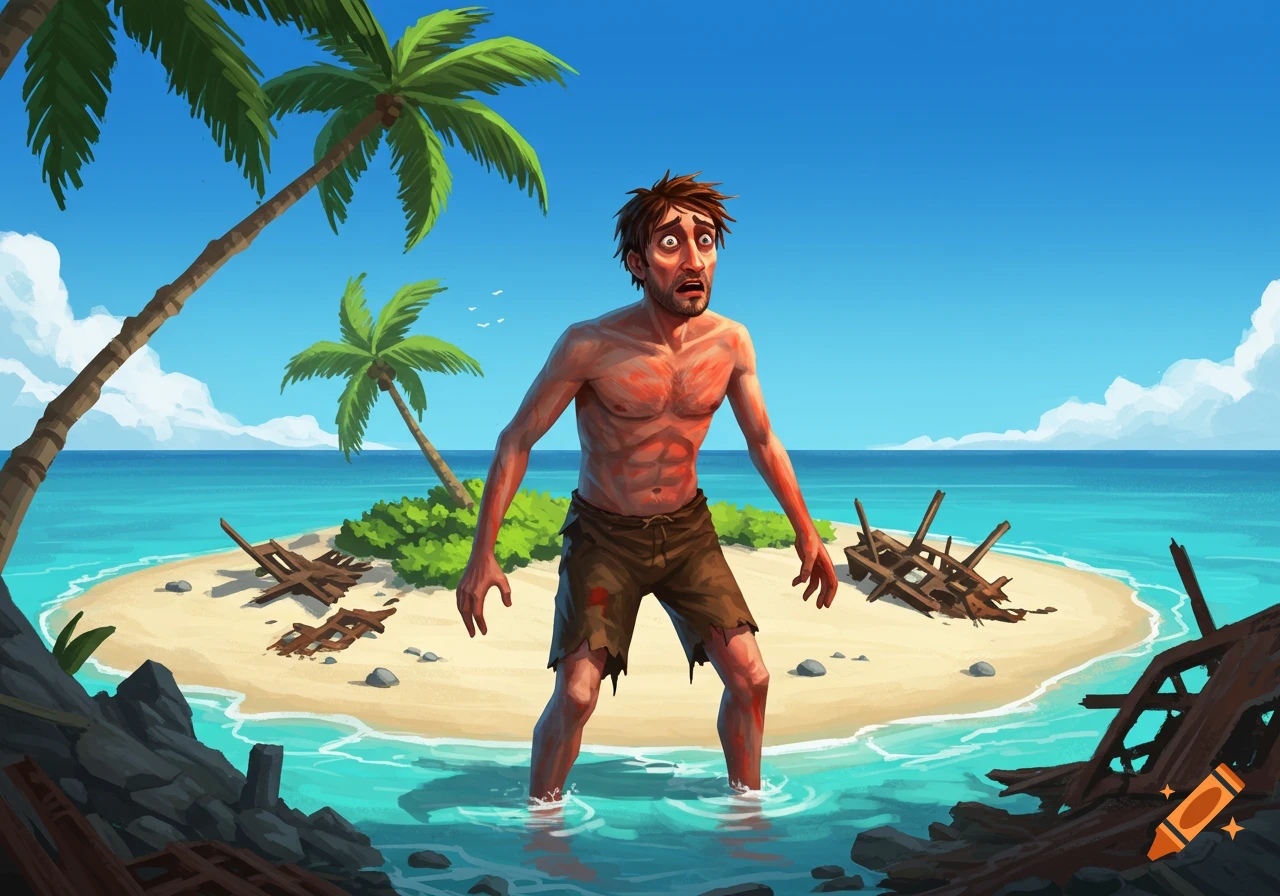 A panicked, sunburnt man stands in shallow water on a sandy deserted island with palm trees and shipwreck debris, illustrated in a cartoon style.