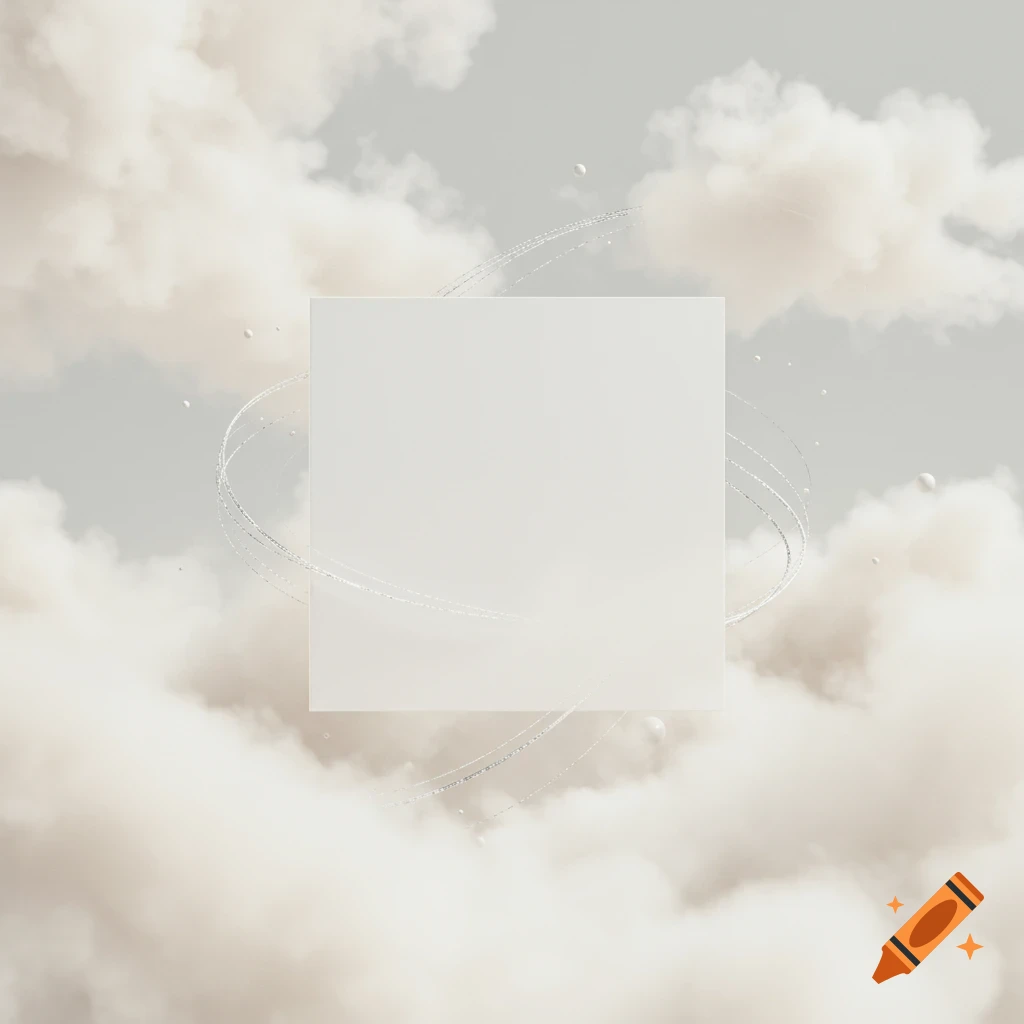 A minimalist white square floats among soft, pale clouds with sparkling silver orbits and spheres in a light gray sky.