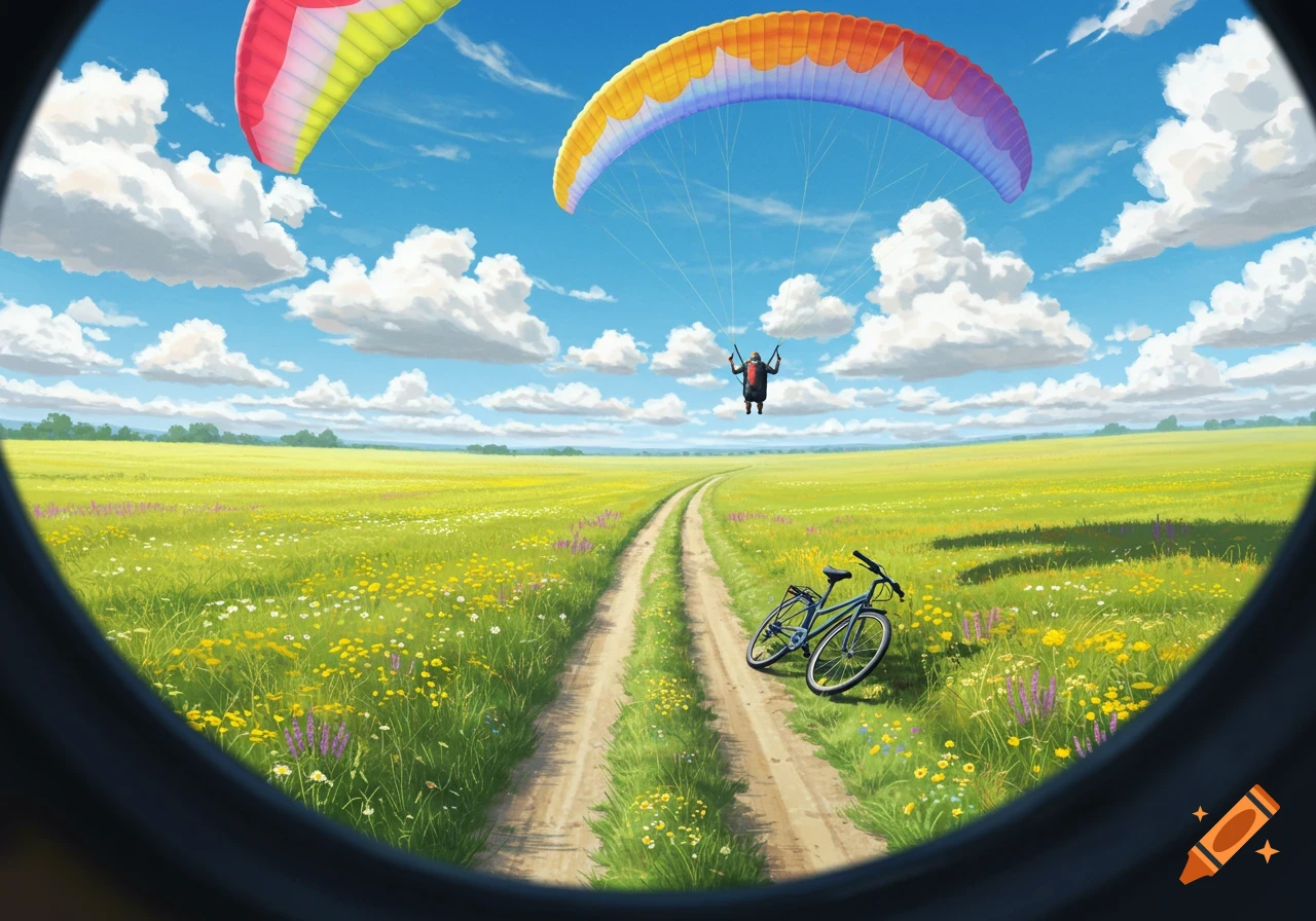 A paraglider flies high above a dirt path winding through a vibrant green and yellow wildflower field, with a bicycle resting beside the path.