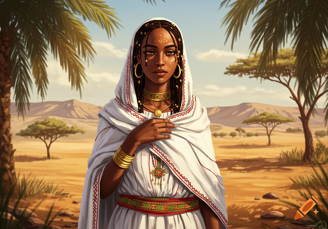 Digital painting of an Eritrean woman in traditional white attire and gold jewelry, standing in a sunny desert with palm trees.