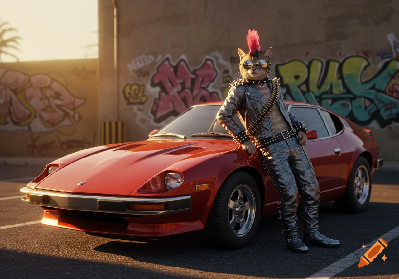 A punk cat with a pink mohawk, sunglasses, and studded leather jacket leans on a red 70s sports car in front of a graffiti-covered wall.