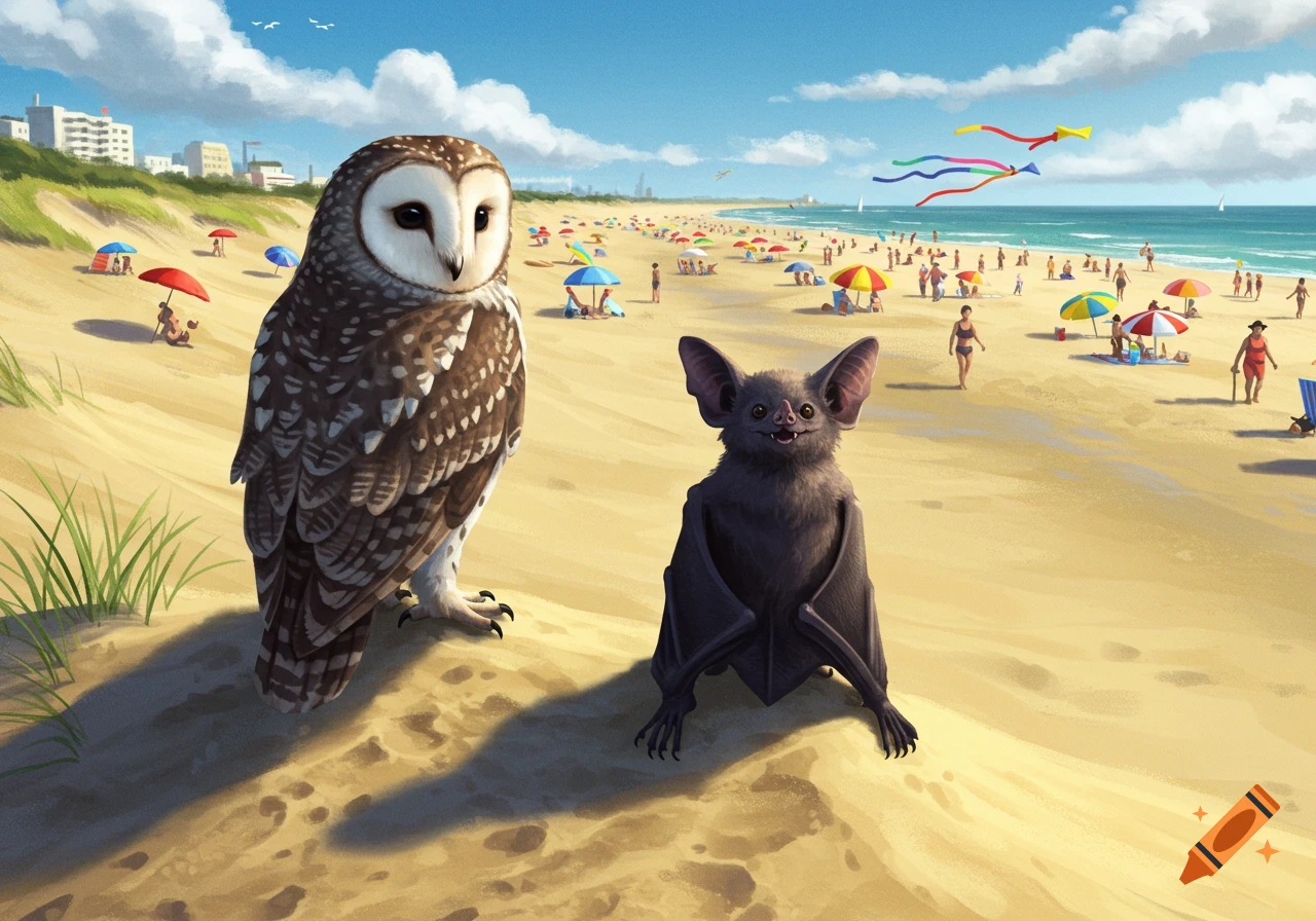 An owl and a bat stand on a sunny, crowded beach with people, umbrellas, and distant buildings, in a digital illustration style.