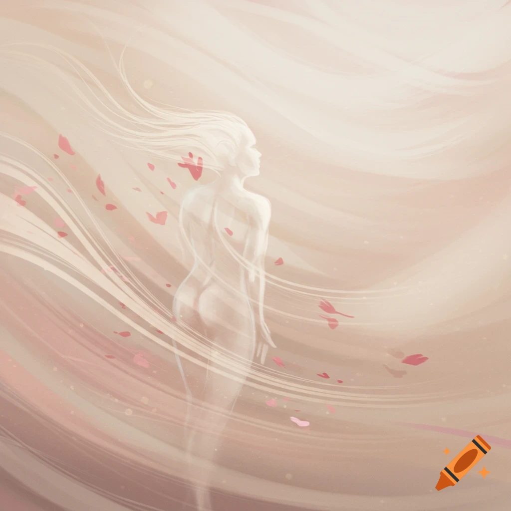 Ethereal translucent female figure with flowing hair, surrounded by swirling light beige and pink patterns and scattered petals, digital illustration.