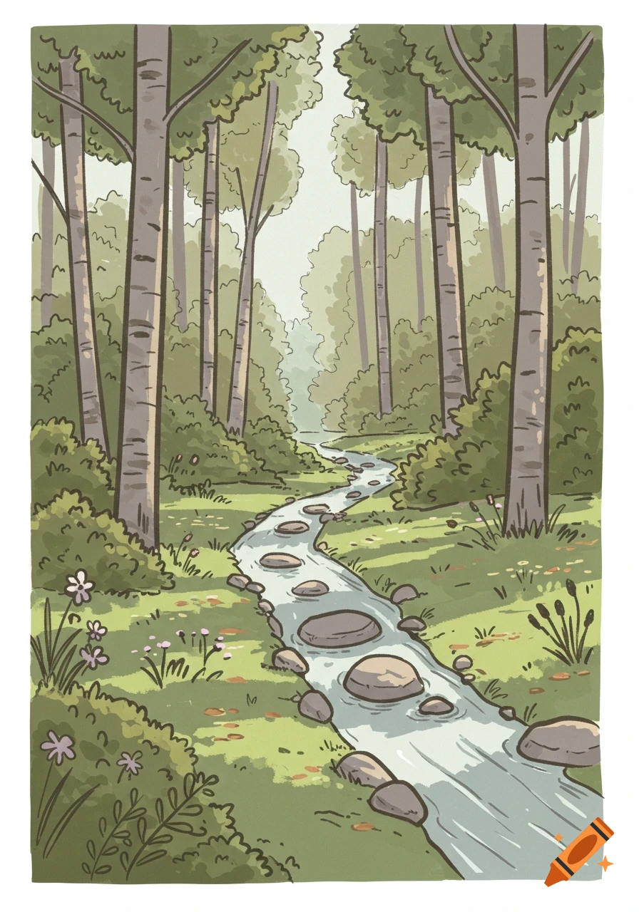 An illustrated forest scene with tall trees, lush greenery, and a winding stream flowing over rocks.