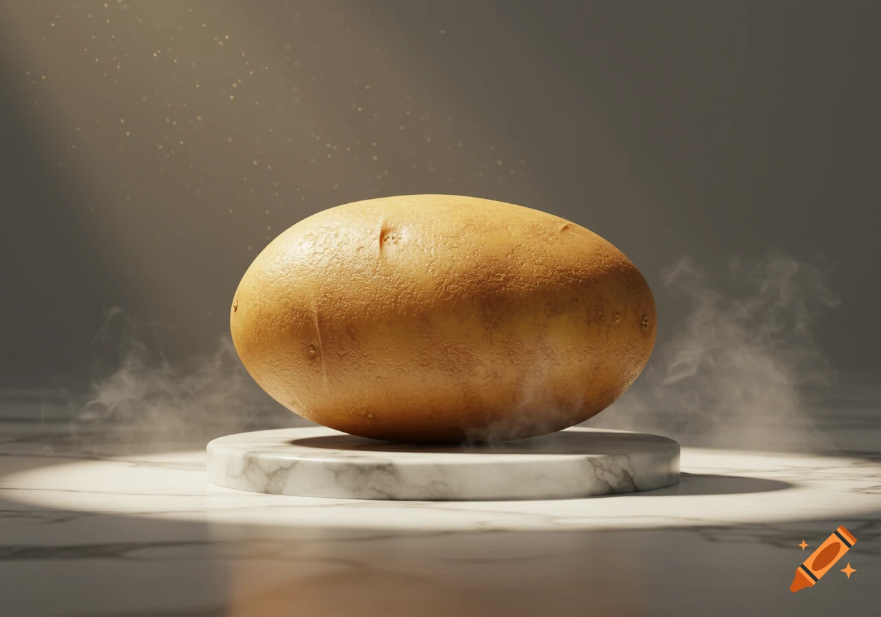 A photorealistic potato sits on a marble pedestal with steam rising, bathed in glorious light.