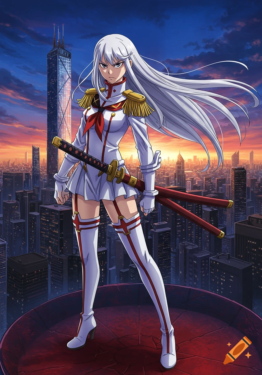 Anime girl with long white hair in a white military uniform holding a sword, standing on a rooftop overlooking a city at sunset.