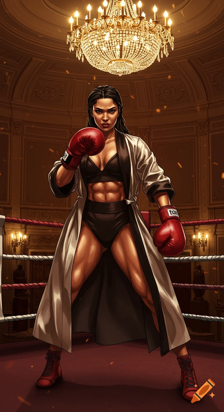 A stylized illustration of a female boxer with defined abs, wearing a bra, briefs, open robe, and red boxing gloves, standing in a luxurious boxing ring under a chandelier.