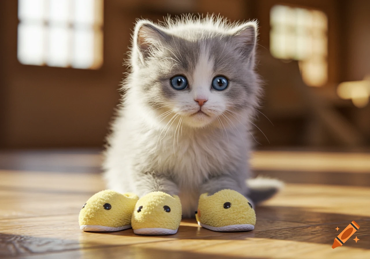 A photorealistic grey and white kitten with blue eyes wears yellow chick slippers on a wooden floor.