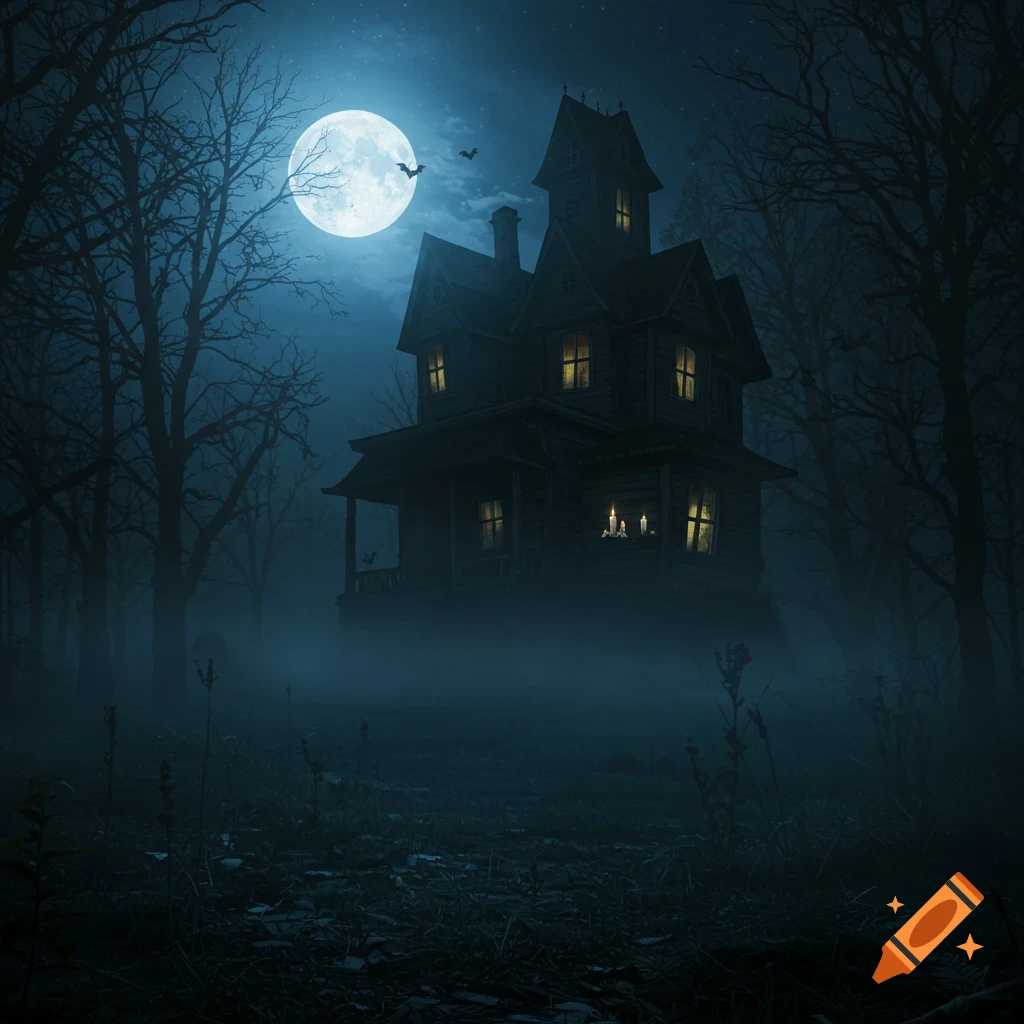 A dark haunted house in a spooky, foggy forest under a bright full moon with bats flying.