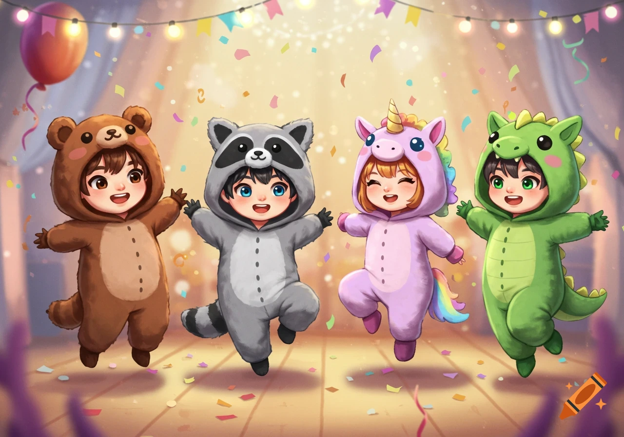 Four chibi cartoon children in a bear, raccoon, unicorn, and dragon onesies dance amidst confetti and string lights.