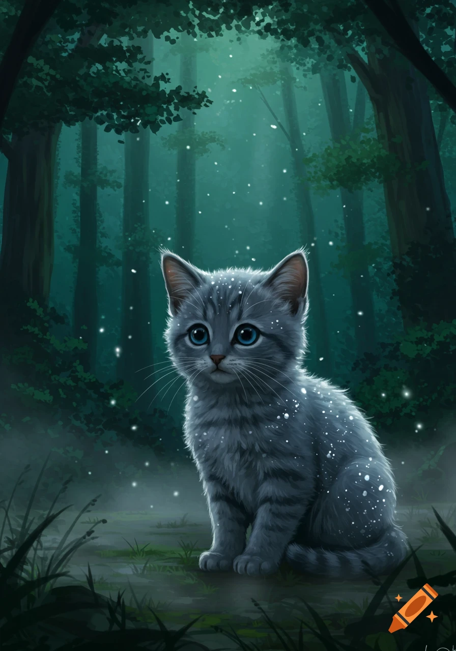 A cute blue-grey kitten with blue eyes and white speckles sits in a dark, misty forest with glowing white specks.