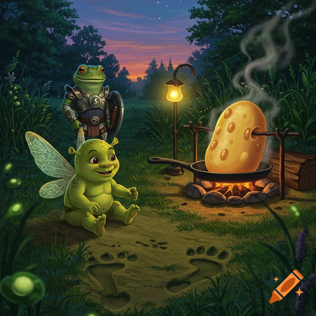 A baby Shrek-like creature with fairy wings sits by a campfire with a frog knight, cooking a large potato in a forest at dusk.