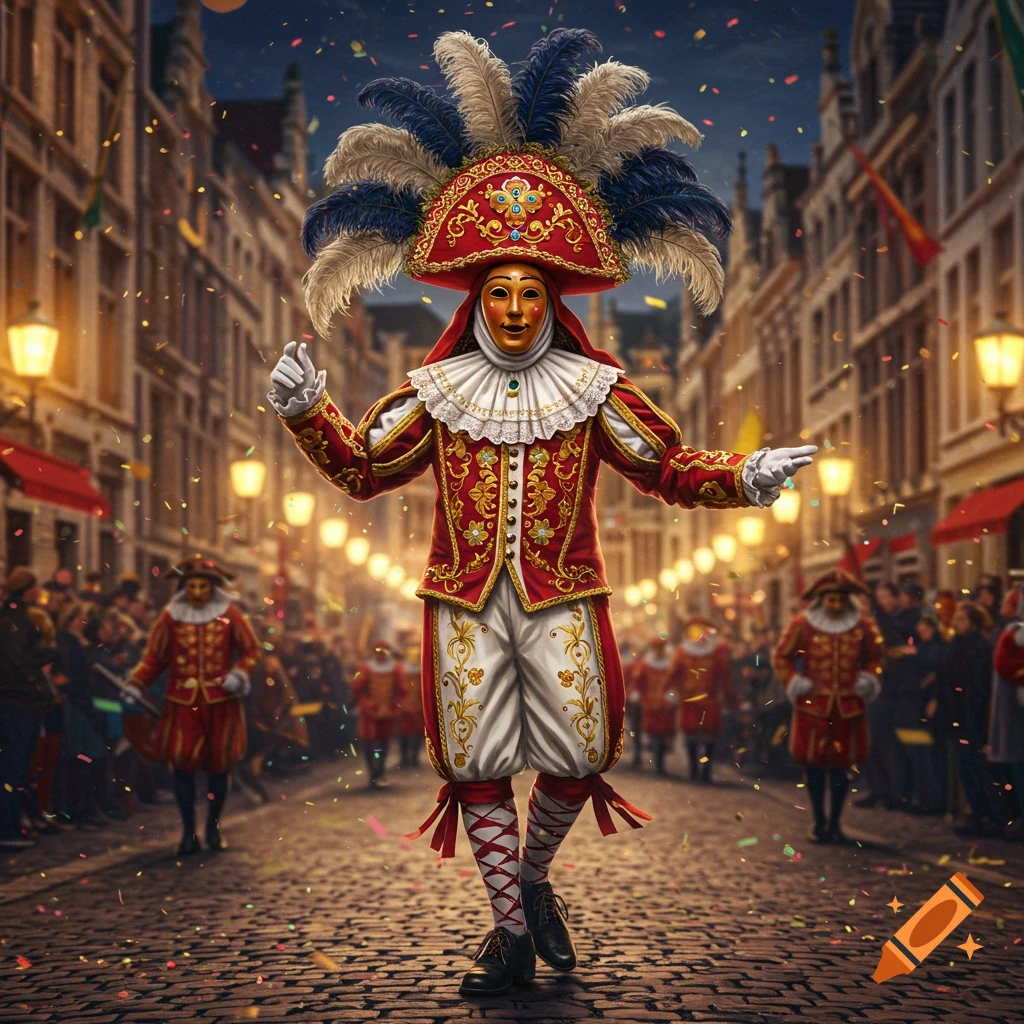 A person in a vibrant Gilles de Binche carnival costume, featuring a masked face, feathered hat, and ornate red, white, and gold attire, dances on a cobblestone street at night with confetti falling.
