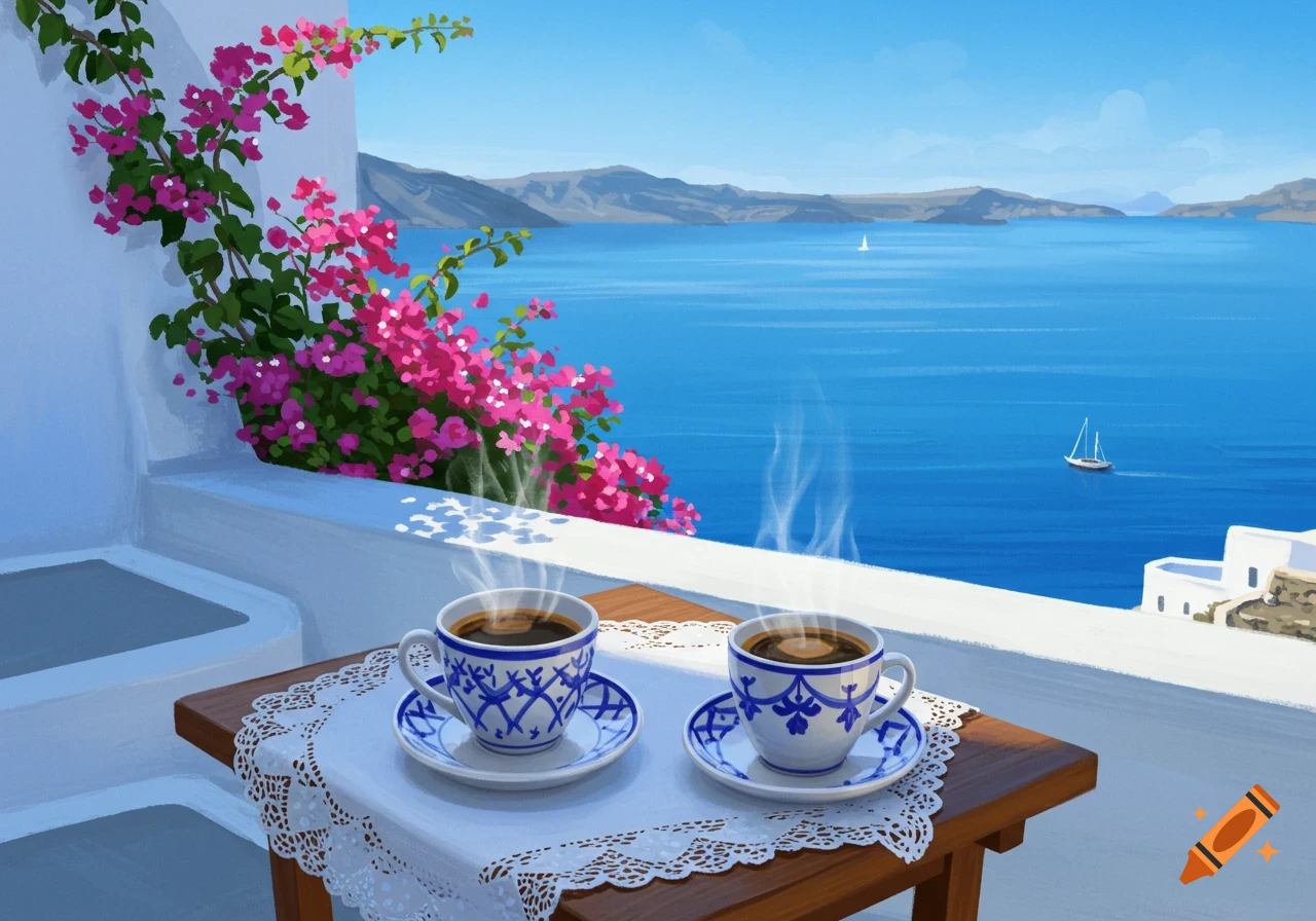 Two steaming coffee cups on a balcony table with pink flowers, overlooking the blue Aegean Sea and distant mountains.