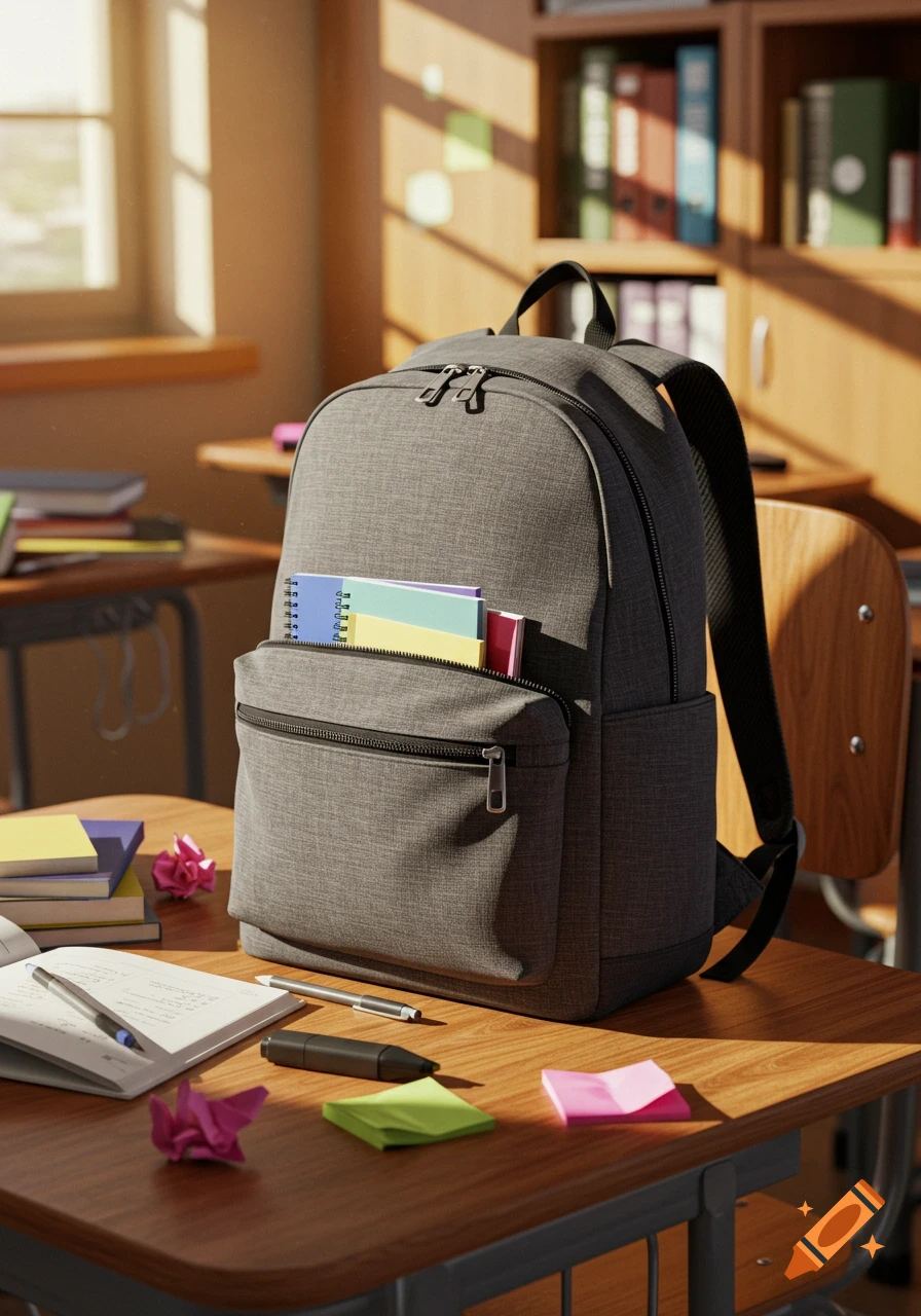 A grey school backpack sits on a wooden desk in a sunlit classroom, with notebooks and school supplies.
