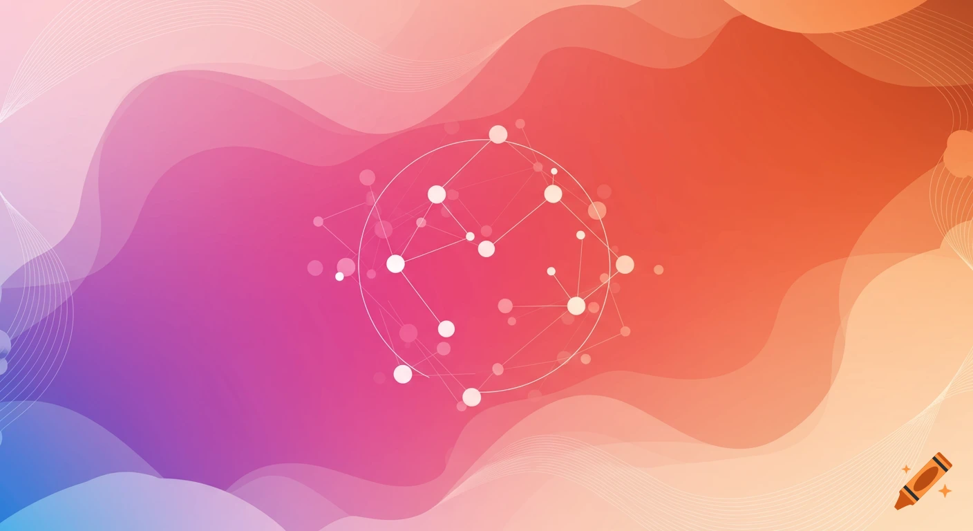 Abstract background with a smooth gradient from cool blue/purple to warm pink/orange, featuring wavy overlaying shapes and a central network of connected white dots.
