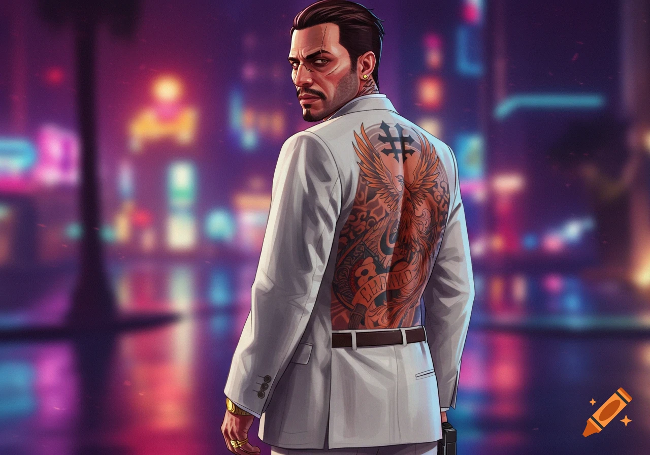 A man in a white suit with a large phoenix and cartel symbol tattoo on his back, looking over his shoulder. He has scars and a pistol tucked in his belt, standing against a blurred neon cityscape. Stylized illustration.