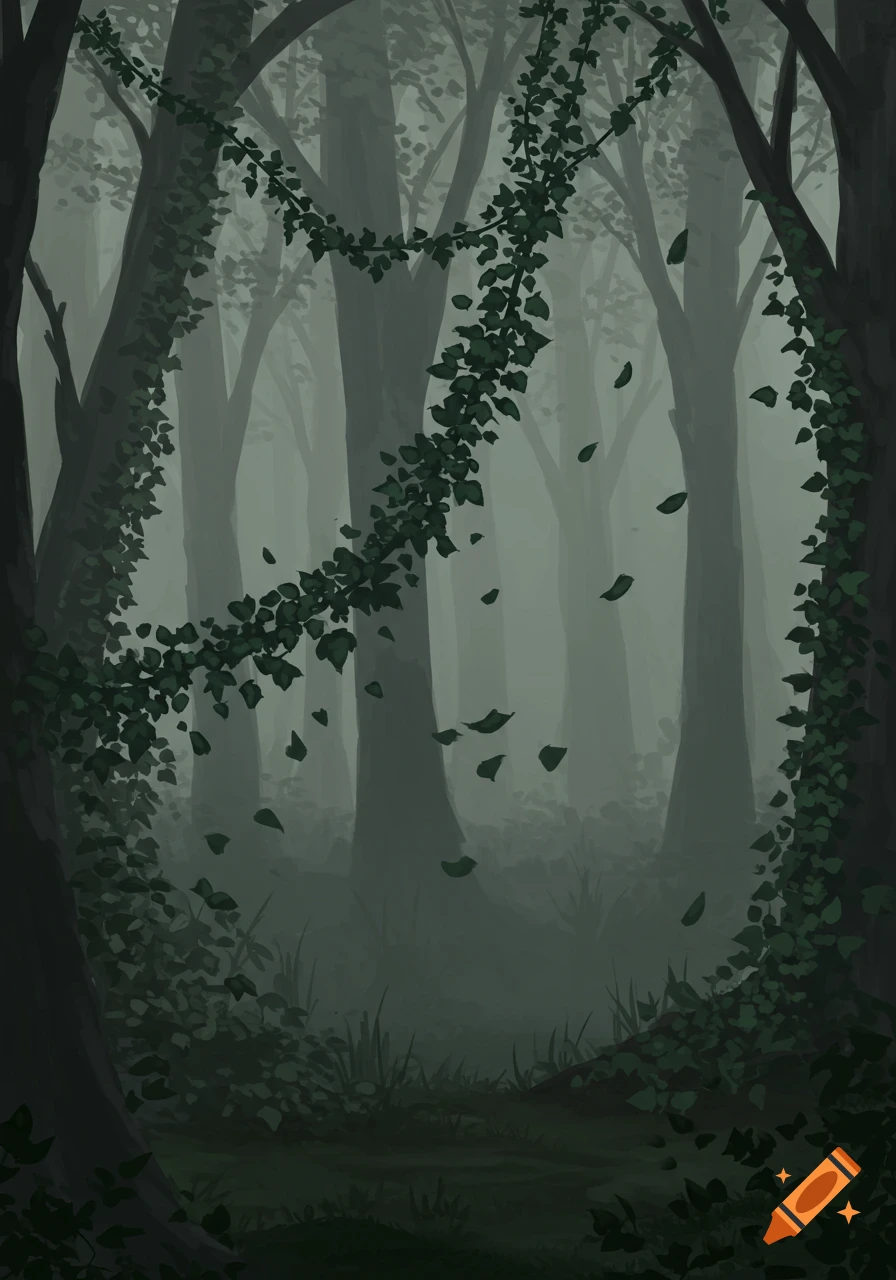 A gloomy, foggy forest with dark tree trunks and lush green ivy vines framing the scene, with some leaves falling, in an illustrative style.