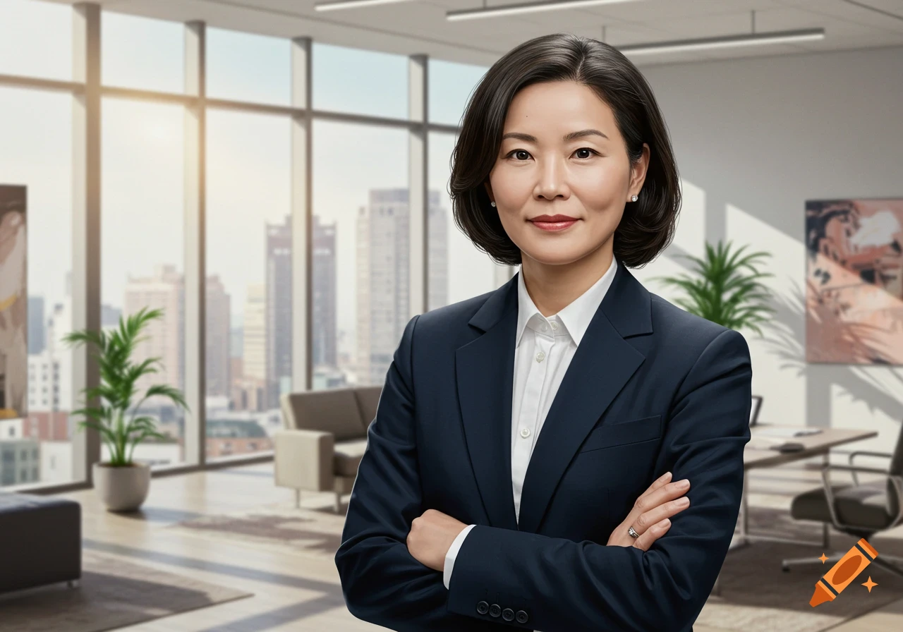 A smiling Asian business woman in a dark suit stands with crossed arms in a modern office with large windows overlooking a city.