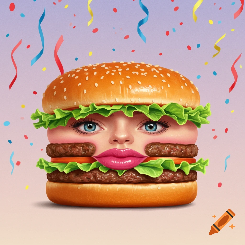 A surreal, vibrant burger with a human face, blue eyes, and pink lips, against a confetti-filled background.