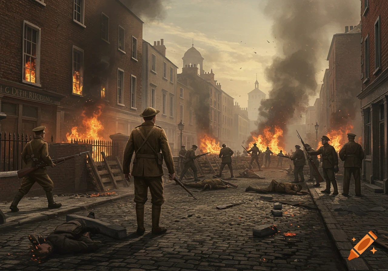 Soldiers in early 20th-century uniforms fight amidst burning buildings on a cobblestone street, with smoke filling the sky.