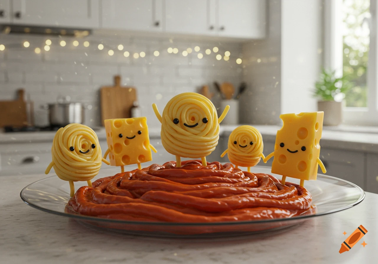 Whimsical spaghetti and cheese characters with smiling faces stand in tomato sauce on a glass plate in a cozy kitchen with fairy lights.
