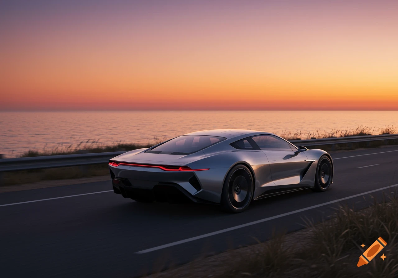 A sleek silver sports car drives on a coastal road at sunset, with an orange and pink sky over the ocean.