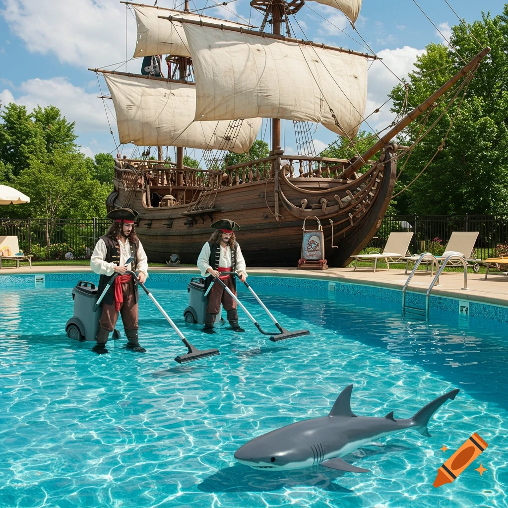 Two pirates in a swimming pool vacuuming the water with a pirate ship behind them and a shark in the foreground, photorealistic style.