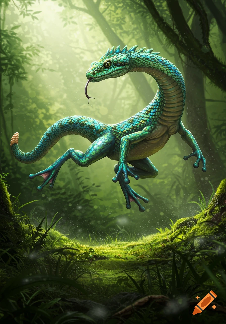 A vibrant green and blue snake-lizard hybrid with frog legs leaps through a sun-dappled jungle.