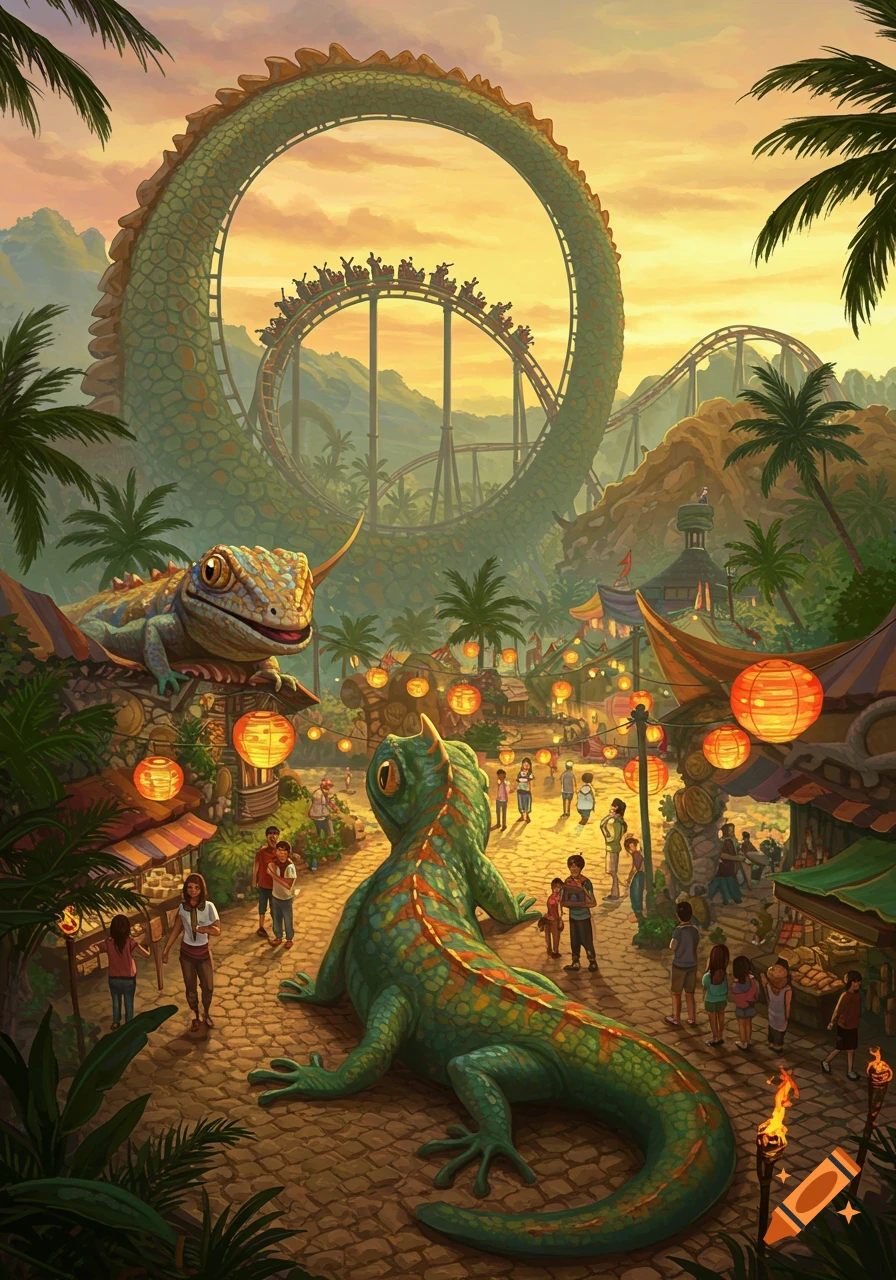 An imaginative illustration of a vibrant amusement park at sunset, featuring two giant friendly geckos amidst visitors, market stalls, and a roller coaster with a lizard-like loop.