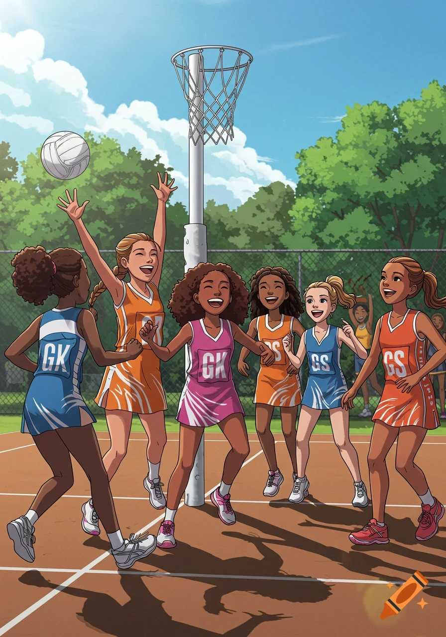 Animated illustration of happy girls playing netball on an outdoor court, one reaching for the ball near the netball post.