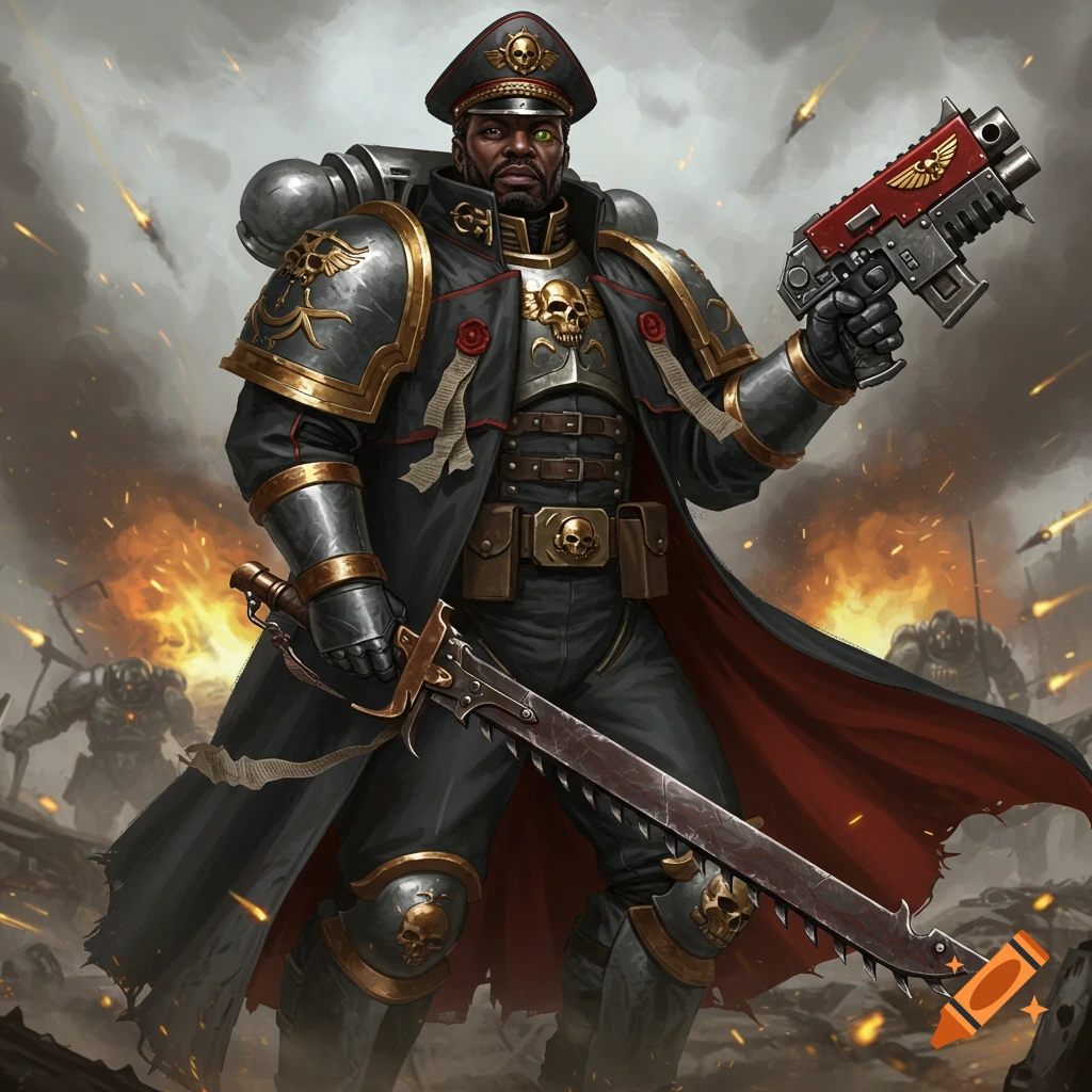 An African American Warhammer 40k commissar with a golden eye implant, beard, bolt pistol, and chain sword stands on a battlefield.