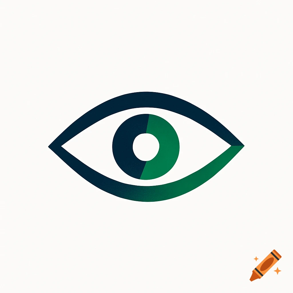 A minimalist eye logo with a dark blue outline and the iris split into dark blue and green sections on a white background.