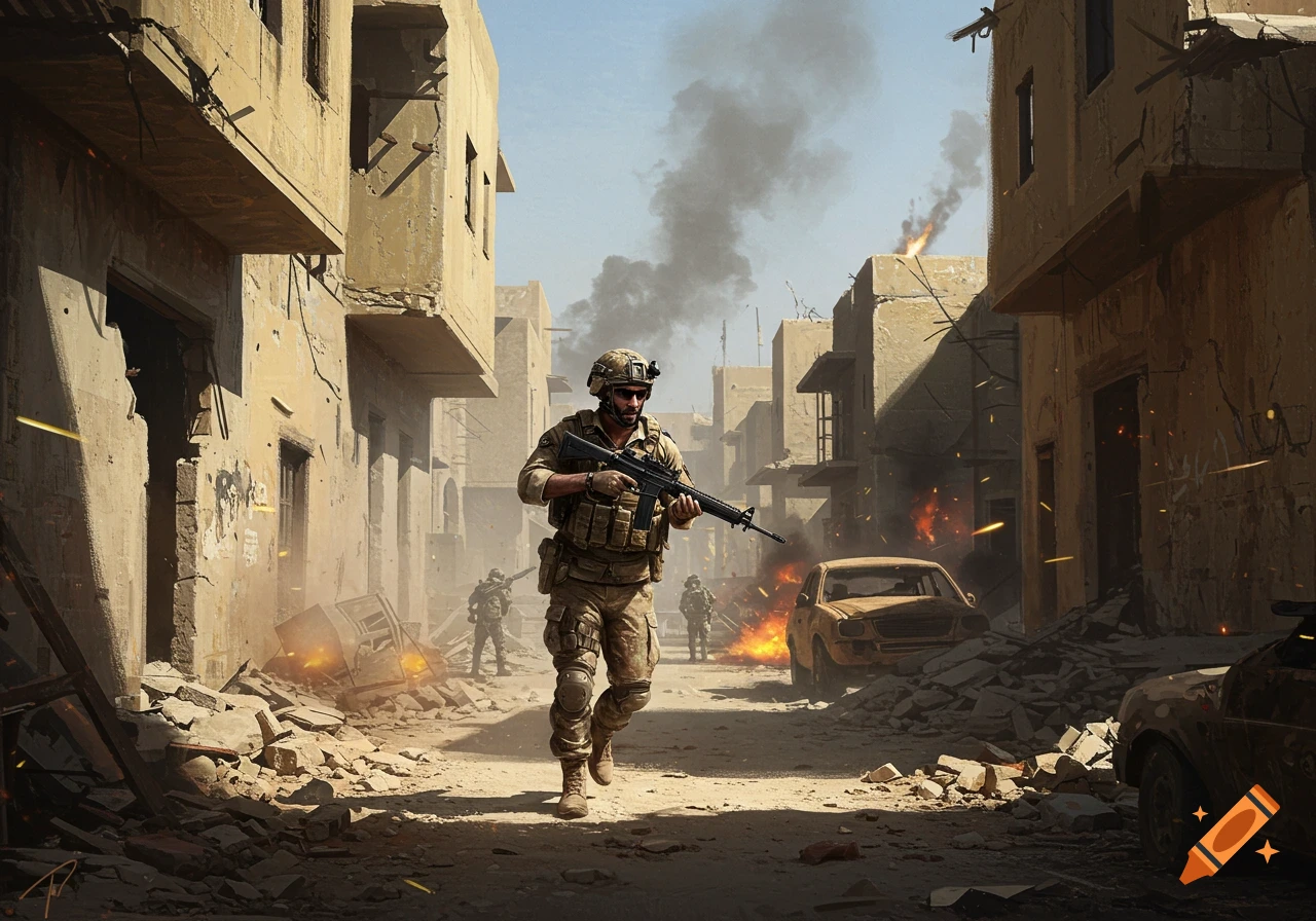 A soldier runs through a war-torn urban street filled with debris, smoke, and explosions, escaping intense gunfire.