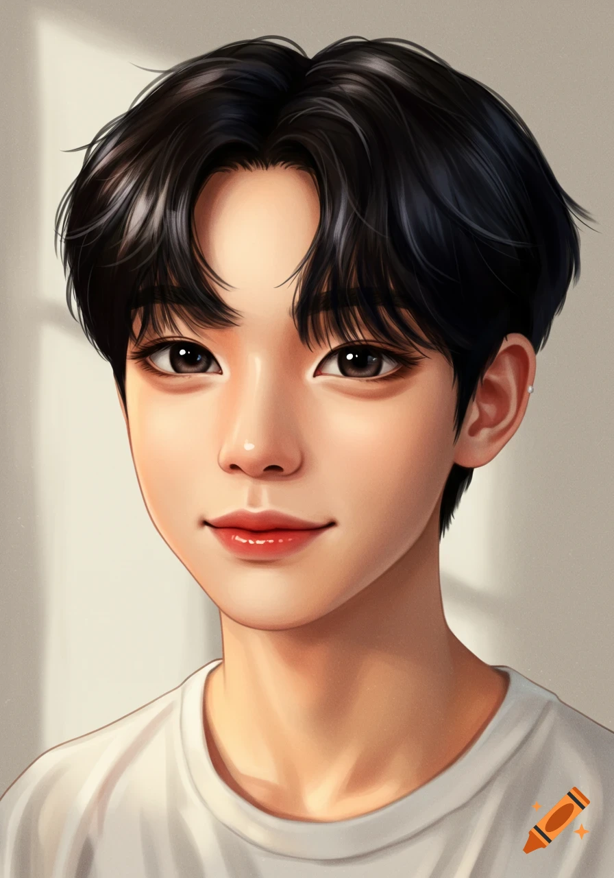 Anime style digital painting of a young person with dark hair and eyes, wearing a white t-shirt, smiling slightly.