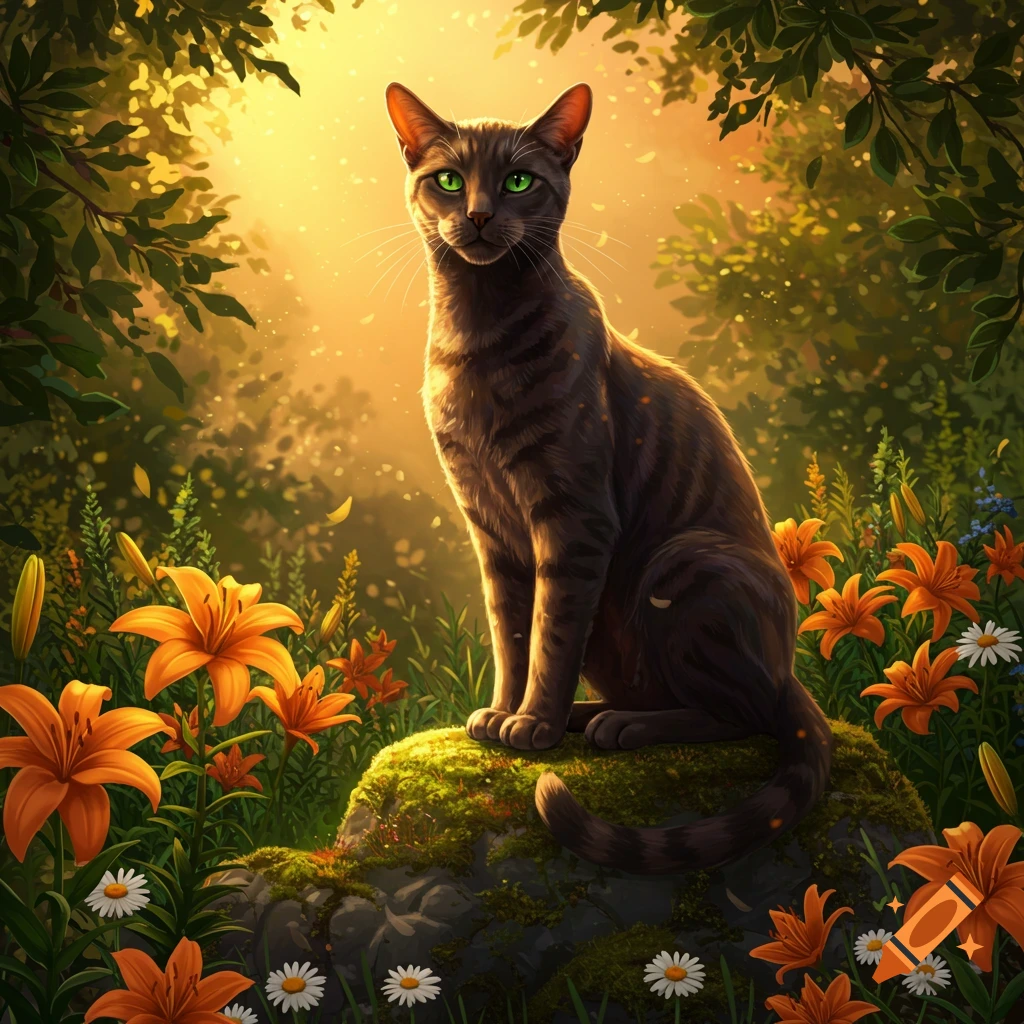 A stylized tabby cat with bright green eyes sits on a mossy rock in a ...