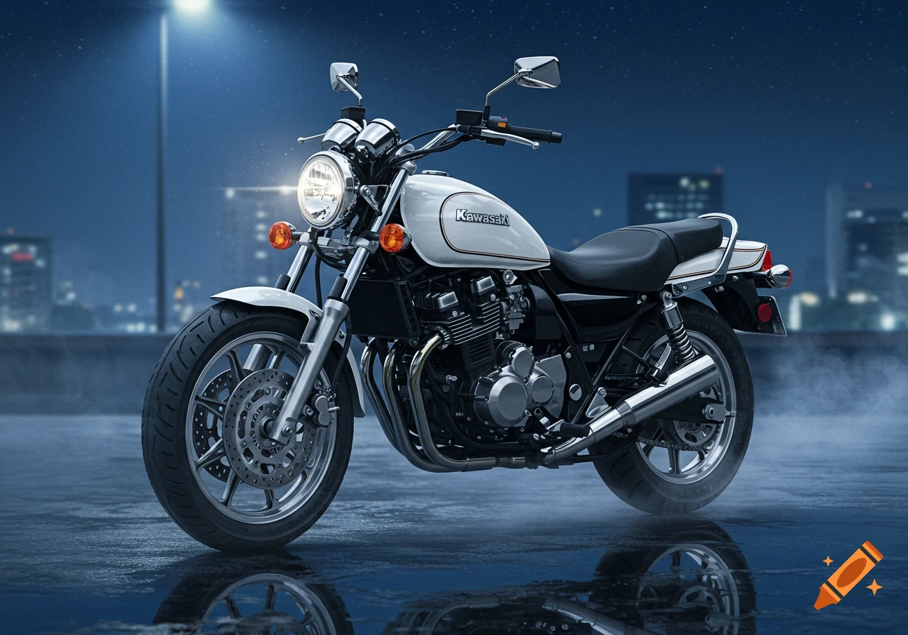 A photorealistic white and black Kawasaki motorcycle parked on a wet street at night, with city lights and a streetlamp in the background.
