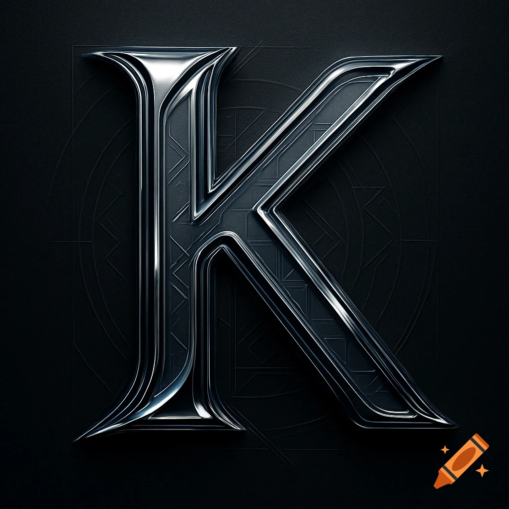 A highly detailed, stylized metallic letter K with intricate patterns on a dark background.