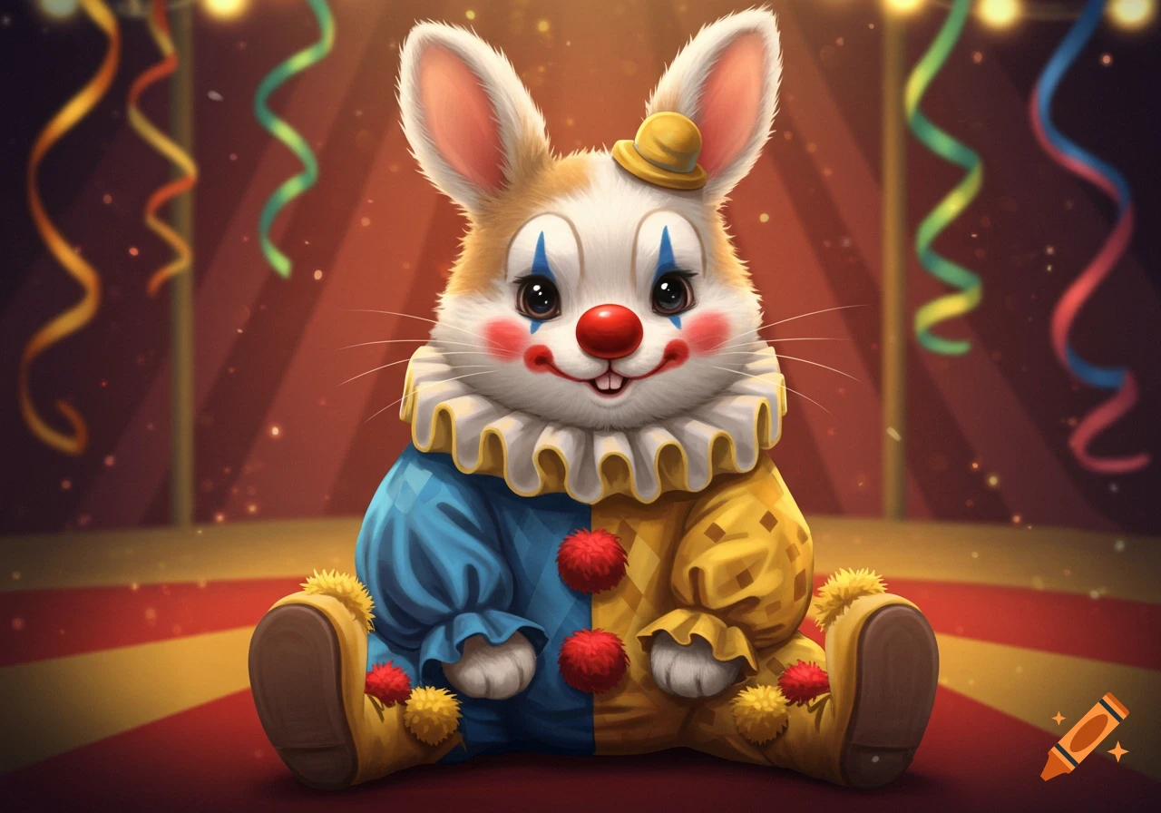 A cute bunny with classic clown makeup and a blue and yellow clown outfit sits on a circus floor.