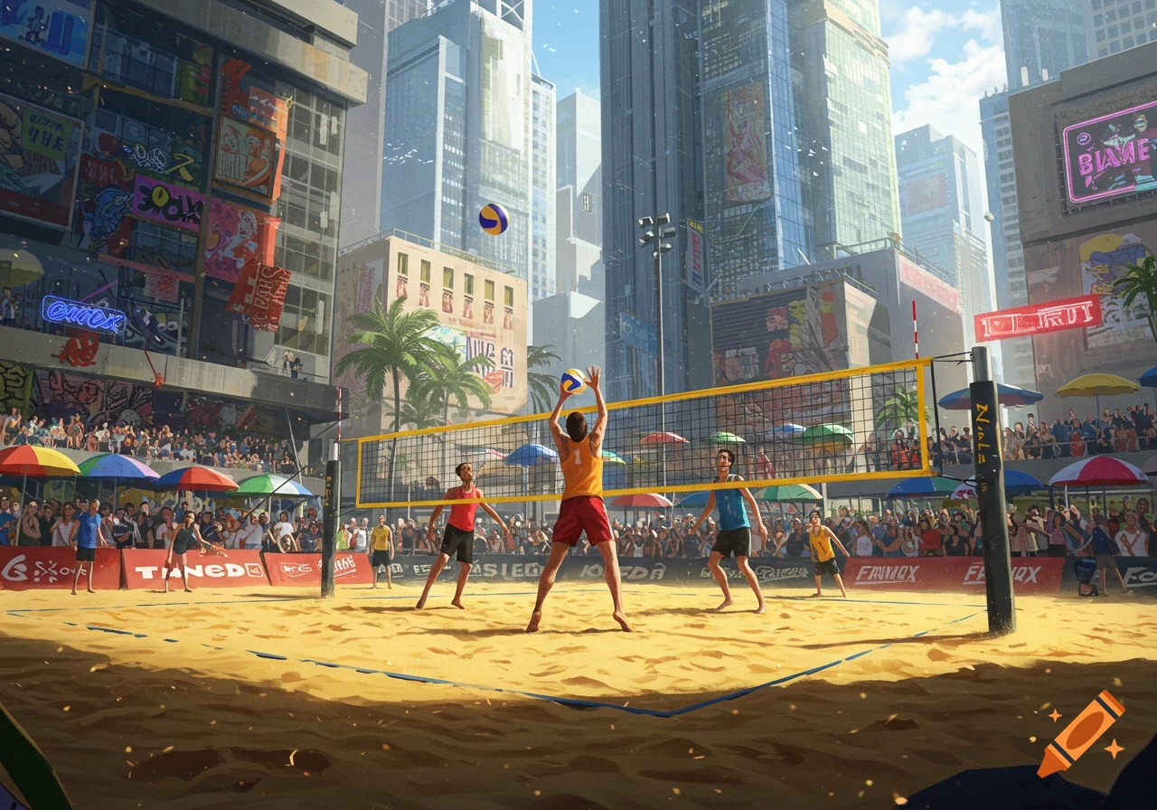 An illustration of a beach volleyball game taking place on a sand court in a bustling city, surrounded by tall buildings and a crowd watching under colorful umbrellas. Players are in action under a bright sky.