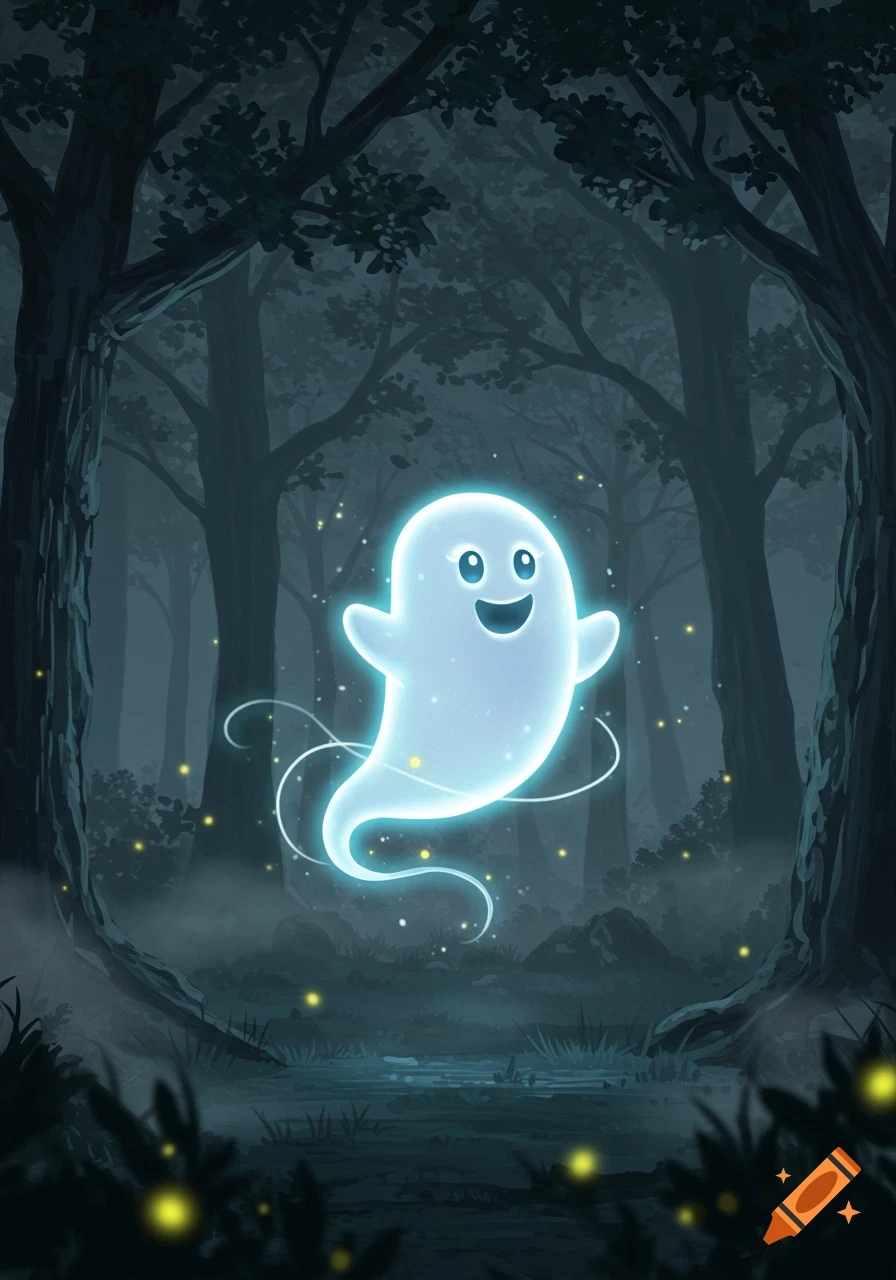 A cute, glowing white ghost with a happy face floats in a dark, misty forest with fireflies.