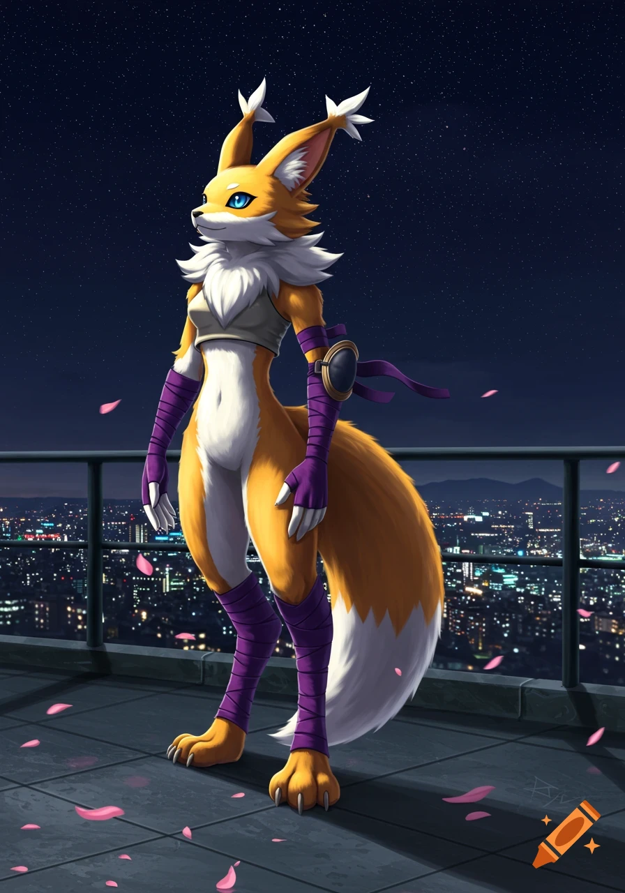 An anthropomorphic fox character, Renamon, stands on a city rooftop at night, looking up at the starry sky with pink petals drifting.