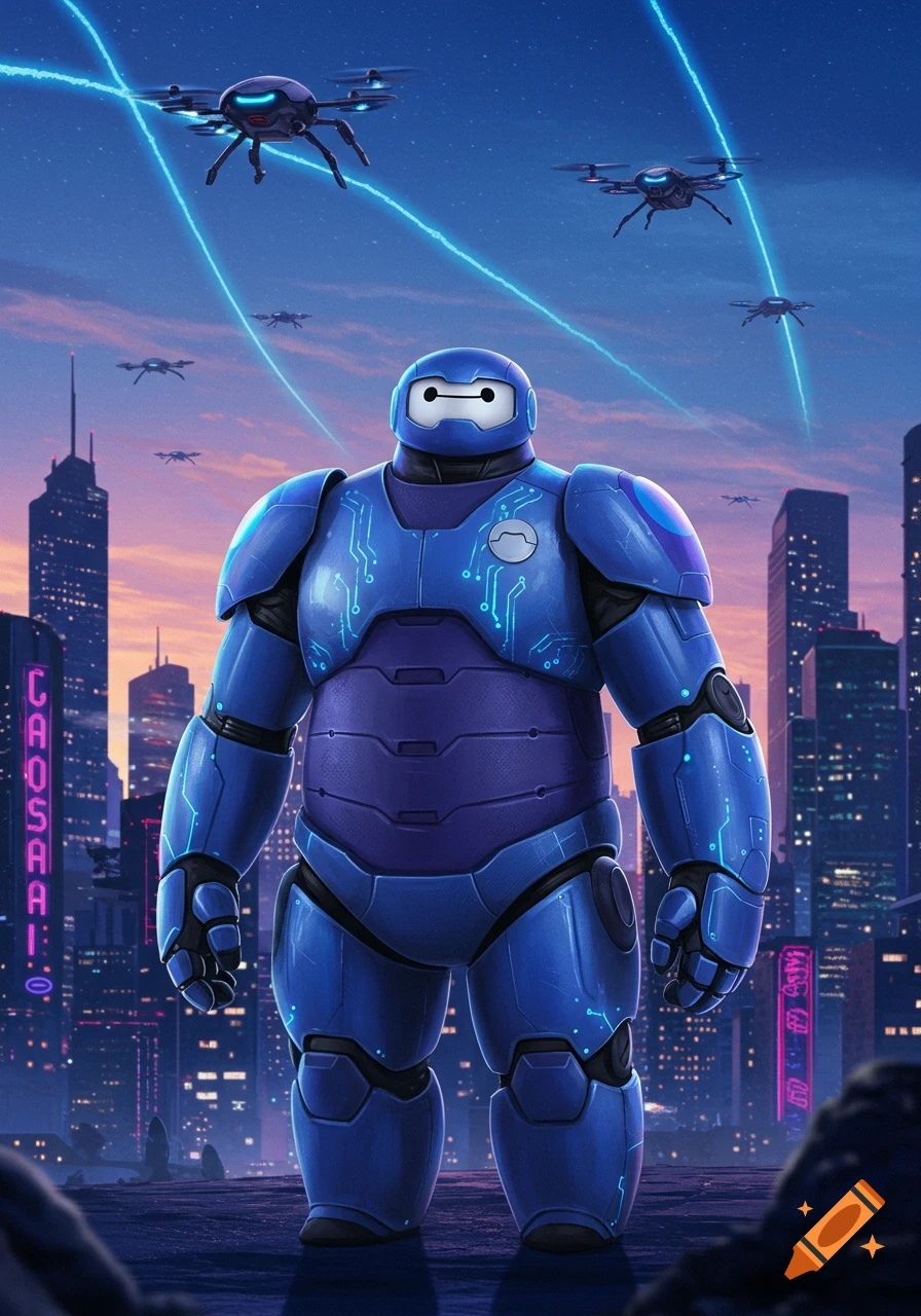 A blue armored robot similar to Baymax stands in a futuristic city with drones flying, creating light trails.
