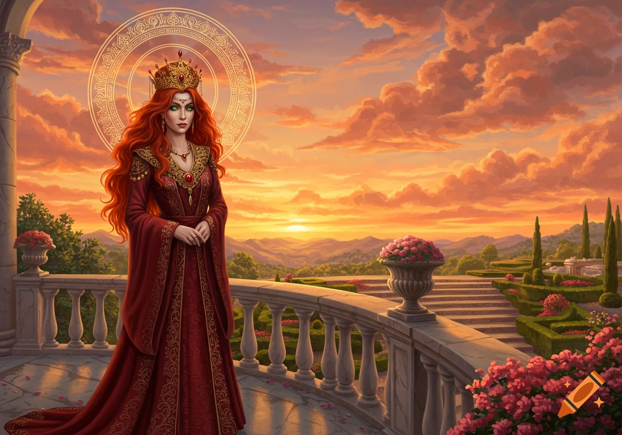 A regal red-haired queen in an ornate red gown stands on a balcony overlooking a sunset landscape in a fantasy art style.