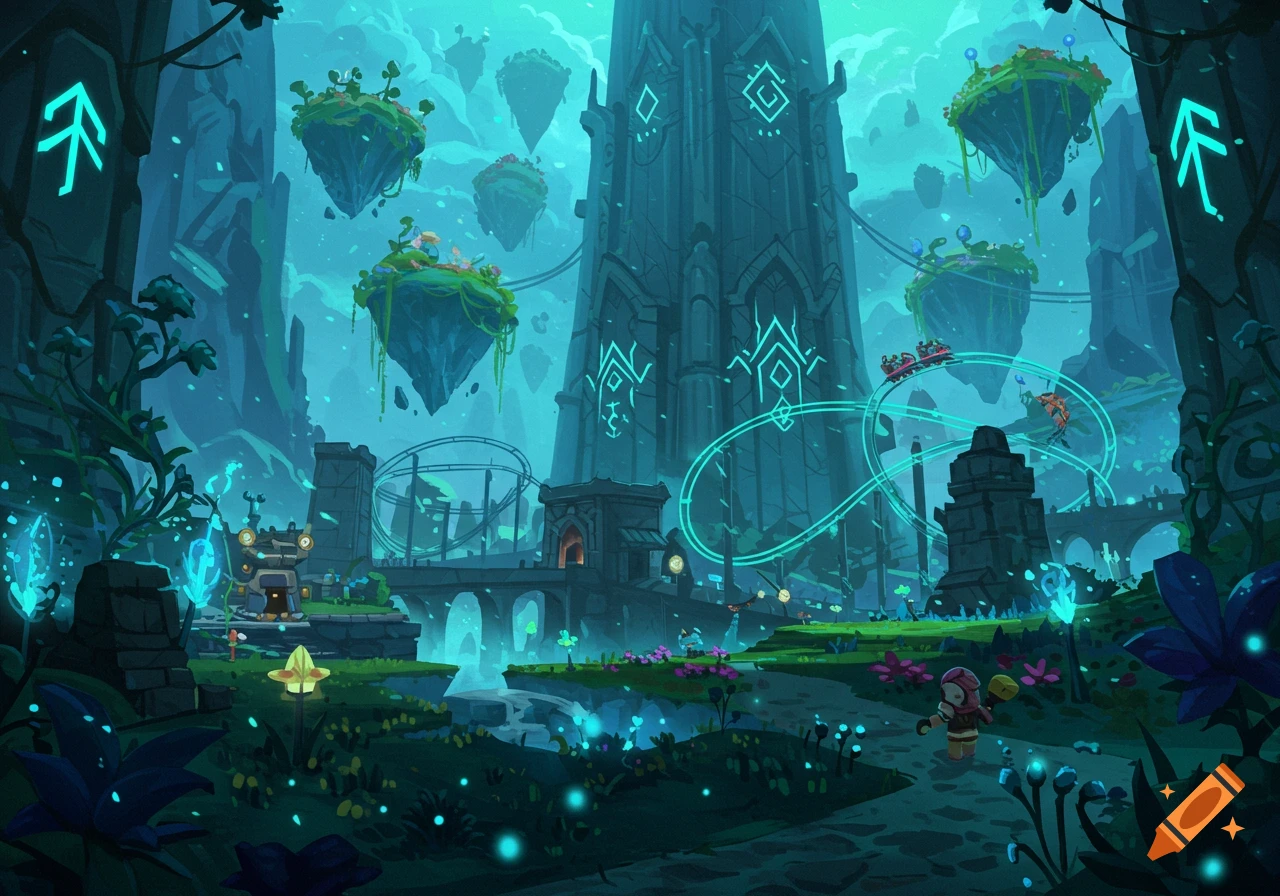 A stylized fantasy theme park with glowing teal runes, floating islands, and a rollercoaster, rendered in a digital art style.