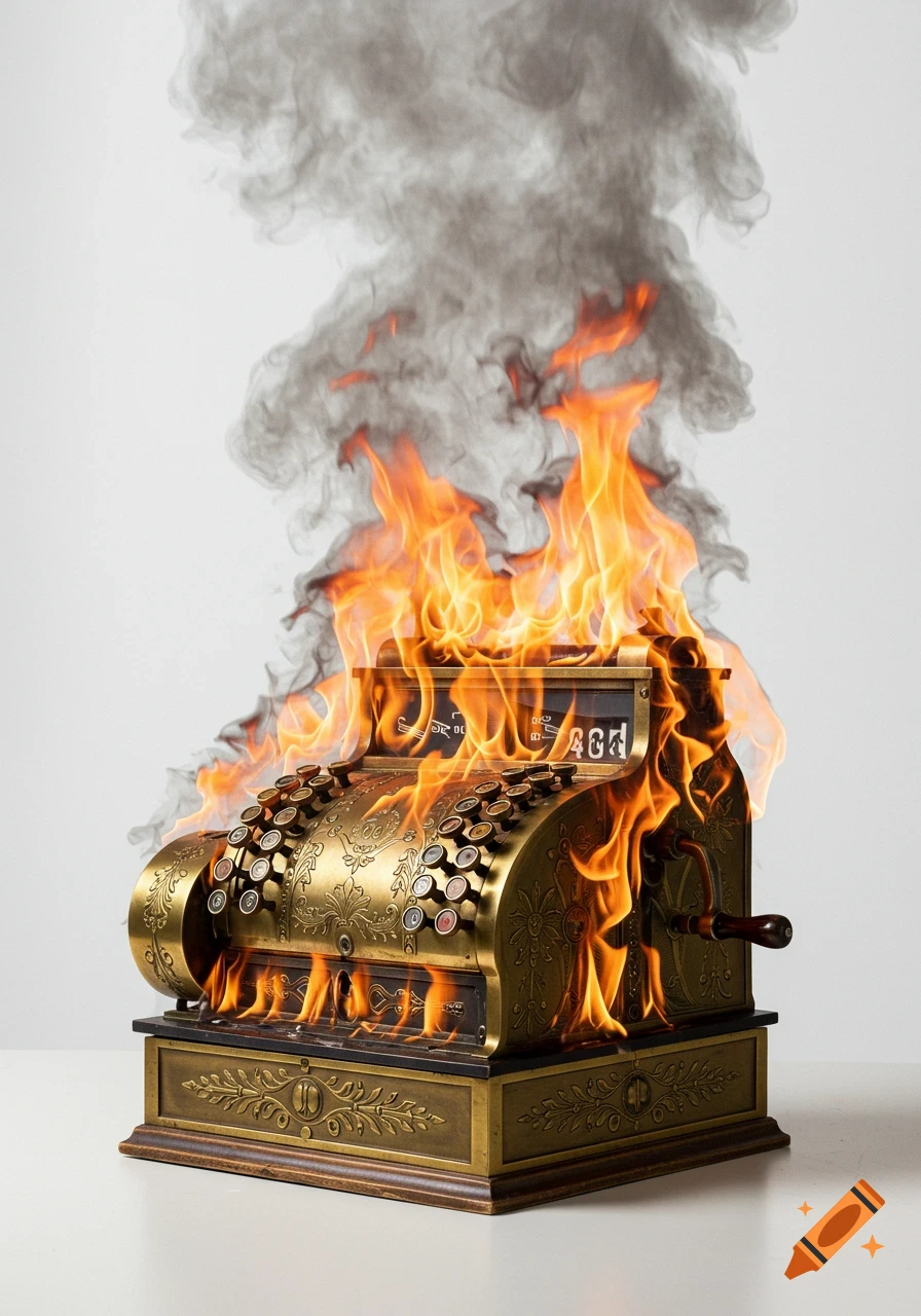 A vintage brass cash register is engulfed in flames and smoke on a white background, photorealistic style.