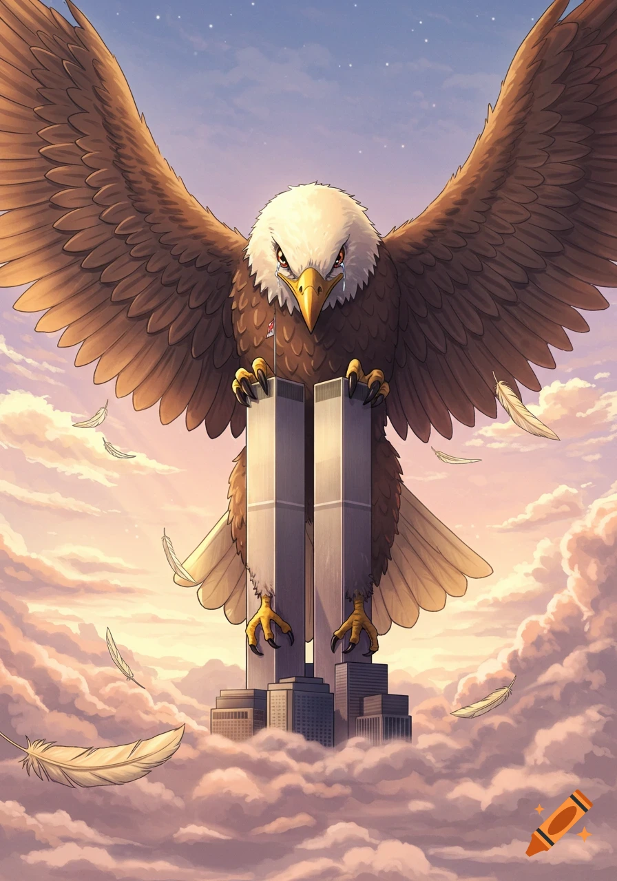 A large, weeping bald eagle holds the Twin Towers between its wings, with feathers falling around it amidst clouds at sunset in an anime style.