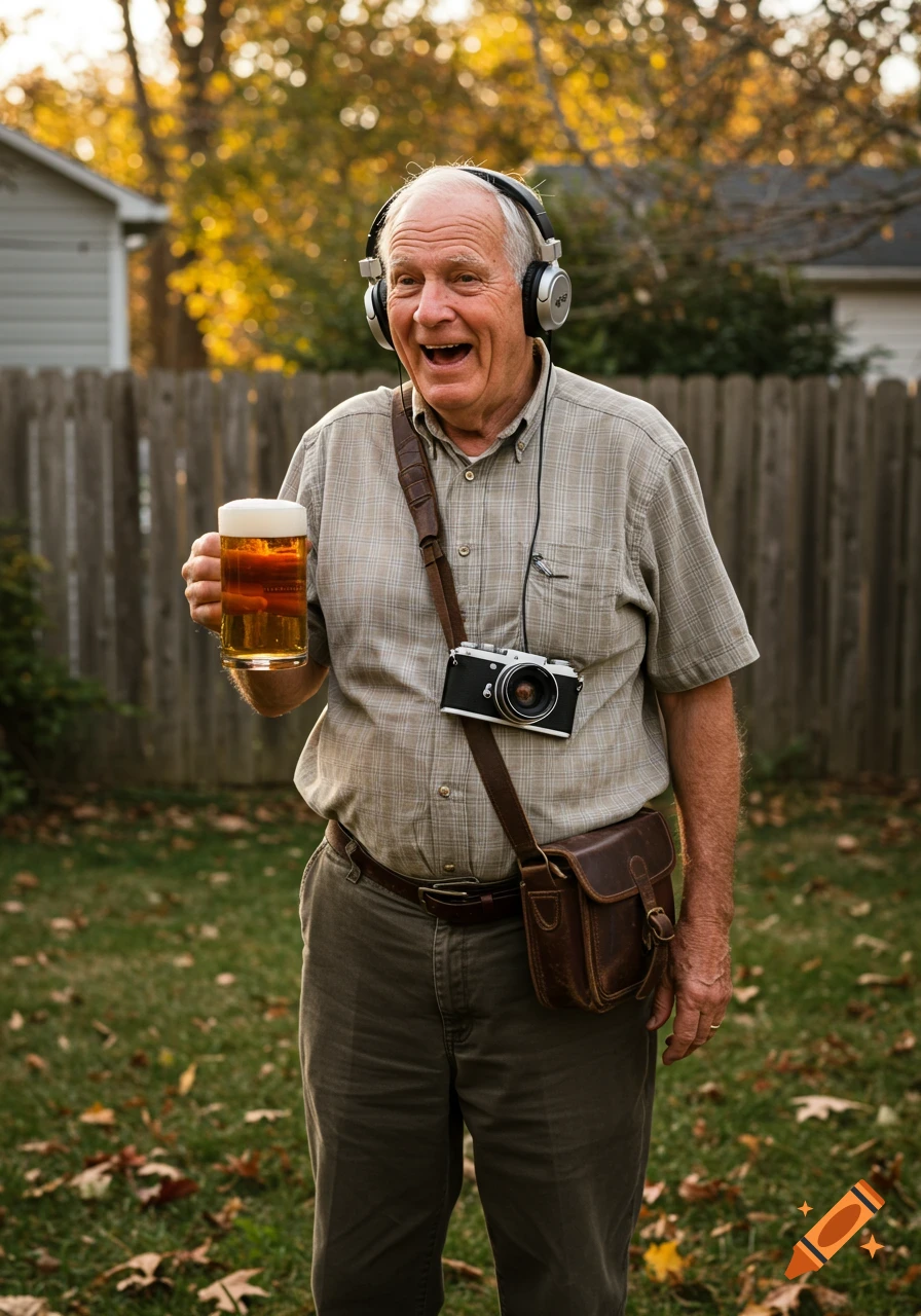 An elderly man wearing headphones and a camera strap holds a glass of beer, smiling outdoors.
